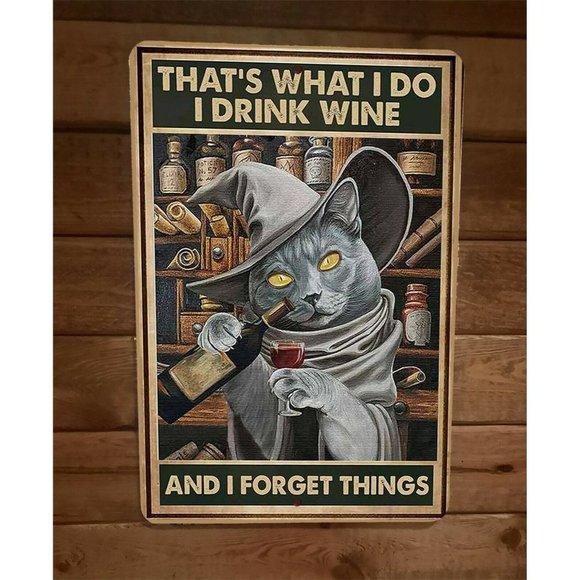 Thats What I Do I Drink‎ Wine and I Forget Things Witch Cat 8x12 Metal Wall Sign - Picture 1 of 1